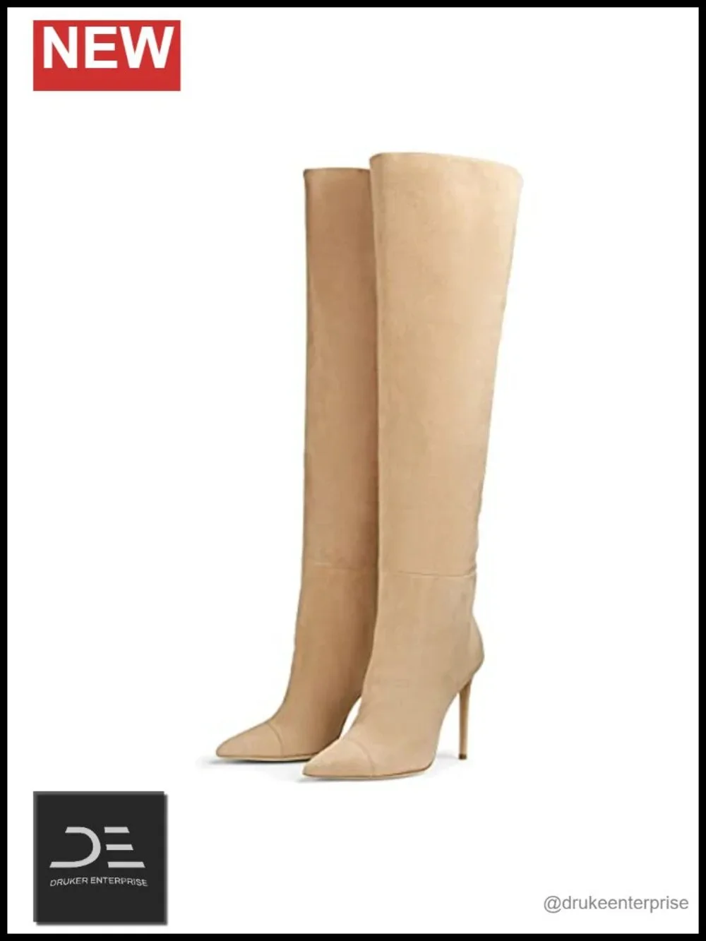 Women's Over the Knee Suede Leather Stiletto Heel Boots Rhinestone Slip-On 12cm